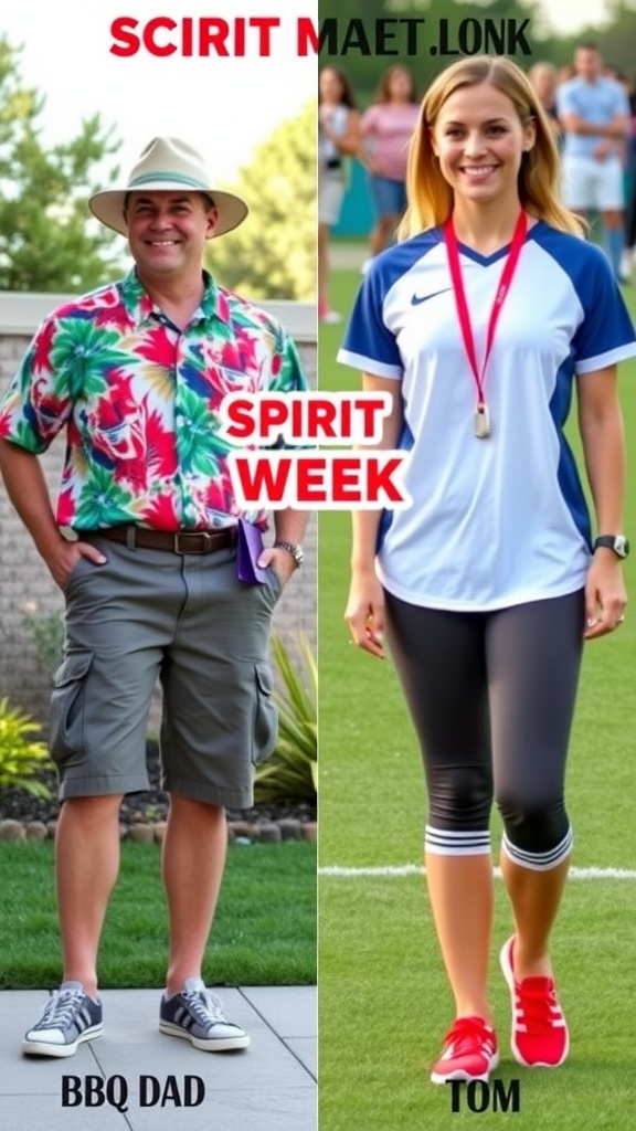 Contrast of BBQ Dad outfit with Hawaiian shirt and grilling spatula against Soccer Mom outfit with team jersey and whistle on a soccer field.